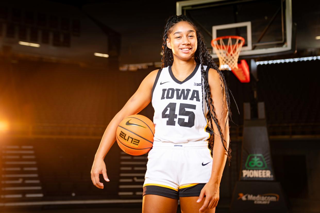 Hannah Stuelke stands for a photo during Iowa Women's Basketball Media Day at Carver Hawkeye Arena, Wednesday, Oct. 4, 2023.