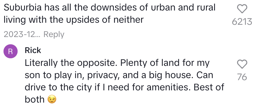 Comment: "Suburbia has all the downsides of urban and rural living with the upsides of neither"; reply: "Literally the opposite: plenty of land for my son to play in, privacy, and a big house; can drive to the city if I need for amenities; best of both"