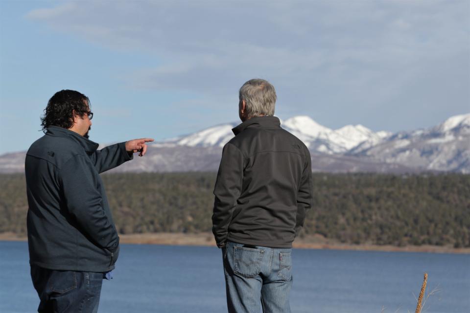 San Juan Water Commission Director Aaron Chavez and Commissioner Steve Lanier talk, Monday, March 15, 2021, at Lake Nighthorse in Durango, Colorado.