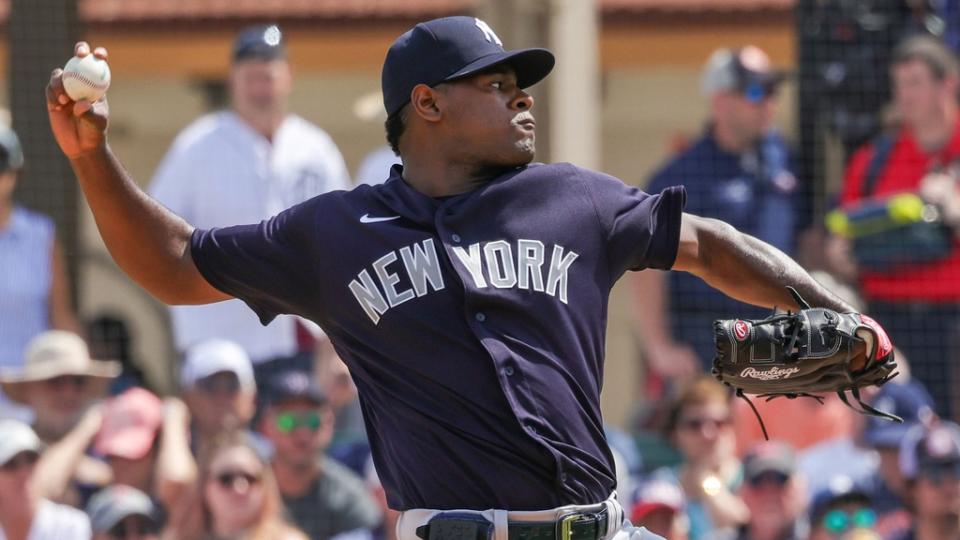 Mar 10, 2023;  Lakeland, Florida, USA;  New York Yankees starting pitcher Luis Severino (40) pitches during the first inning against the Detroit Tigers at Publix Field at Joker Marchant Stadium.