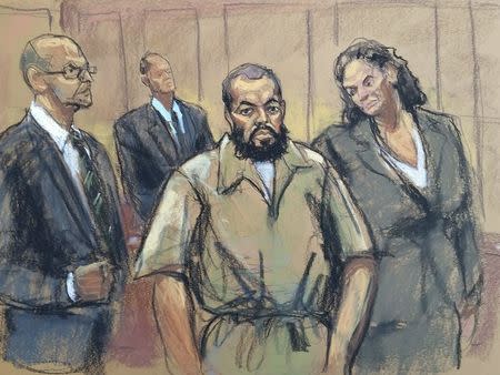 Ahmad Khan Rahami, accused of carrying out bombing attacks in New York and New Jersey in September, 2016, is shown in this courtroom sketch with attorney David Patton (L) and Peggy Cross-Goldenberg, as he appears in federal court to face charges in Manhattan, New York, U.S., November 10, 2016. REUTERS/Jane Rosenberg