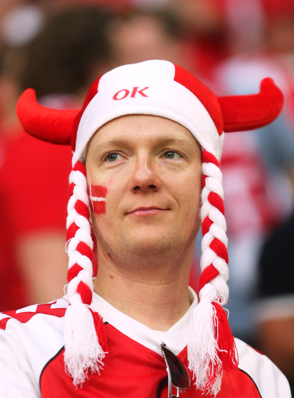 L'VIV, UKRAINE - JUNE 17: A Denmark fan enjoys the prematch atmopshere during the UEFA EURO 2012 group B match between Denmark and Germany at Arena Lviv on June 17, 2012 in L'viv, Ukraine. (Photo by Joern Pollex/Getty Images)