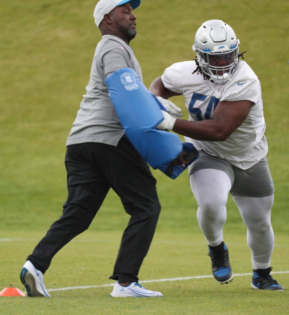 Detroit Lions defensive lineman Alim McNeil goes through drills during OTAs on Thursday, May 26, 2022 at the team practice facility in Allen Park.