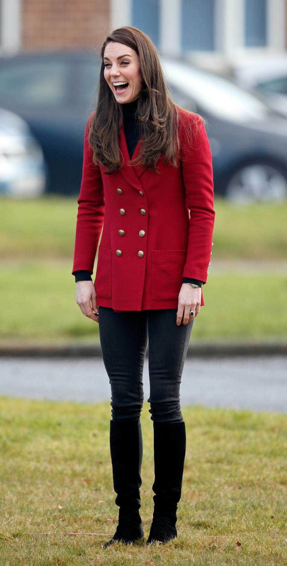 STAMFORD, UNITED KINGDOM - FEBRUARY 14: (EMBARGOED FOR PUBLICATION IN UK NEWSPAPERS UNTIL 48 HOURS AFTER CREATE DATE AND TIME) Catherine, Duchess of Cambridge joins in with a team building exercise during a visit to RAF Wittering to meet air cadets taking part in a half-term skills development camp on February 14, 2017 in Stamford, England. The Duchess of Cambridge is Royal Patron and Honorary Air Commandant of the Air Cadet Organisation. (Photo by Max Mumby/Indigo/Getty Images)