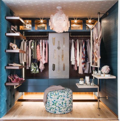 <p>Have a beloved handbag collection or still hanging onto your wedding shoes? Highlight pieces with sentimental value by putting the spotlight on them—literally—in your closet. “Design around your most beautiful items— a jewelry wall, floating shoe shelves, bag cubbies,” says designer <a href="https://amyhirsch.com/" rel="nofollow noopener" target="_blank" data-ylk="slk:Amy Hirsch" class="link ">Amy Hirsch</a>, who created this museum-worthy space. “It’ll be easier to relinquish things that aren’t as special.”</p>