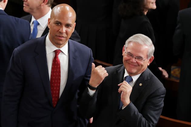 Sen. Cory Booker (D-N.J.) and Sen. Bob Menendez (D-N.J.) arrive to a joint session of Congress on Feb. 28, 2017.