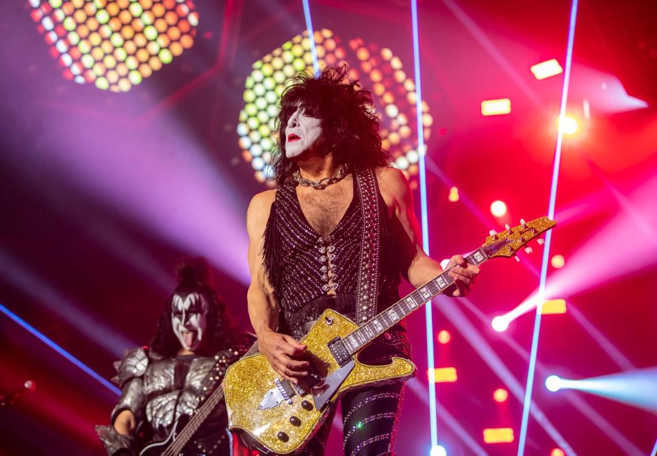 KISS guitarist Paul Stanley performs during their show at Acrisure Arena in Palm Desert, Calif., Wednesday, Nov. 1, 2023.