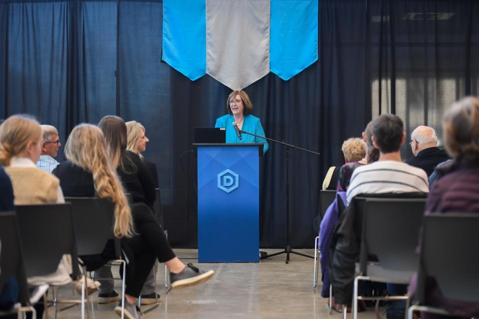 Dr. José-Marie Griffiths speaks during the 40th anniversary of their mission change on Thursday, Feb. 29, 2024 at Dakota State University in Madison.