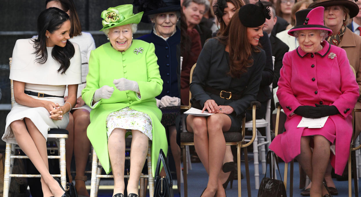 The Duchess of Sussex with the Queen in Chester and the Duchess of Cambridge with the Queen in 2012. [Photo: Getty]