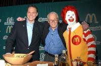 <p>McDonald's was pressured to provide healthier menu options in 2003. So what'd they do? Launch entrée salads served with (wait for it) Paul Newman's popular salad dressings. Here, the actor celebrates the launch alongside Ronald McDonald and a McDonald's executive in Times Square.<br></p>