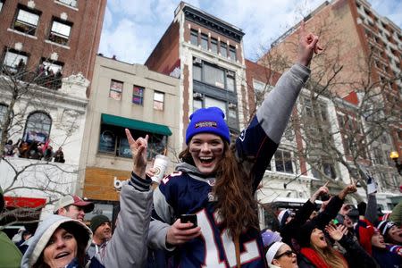 Feb 4, 2015; Boston, MA, USA; New England Patriots fans cheer during the Super Bowl XLIX-New England Patriots Parade. Greg M. Cooper-USA TODAY Sports