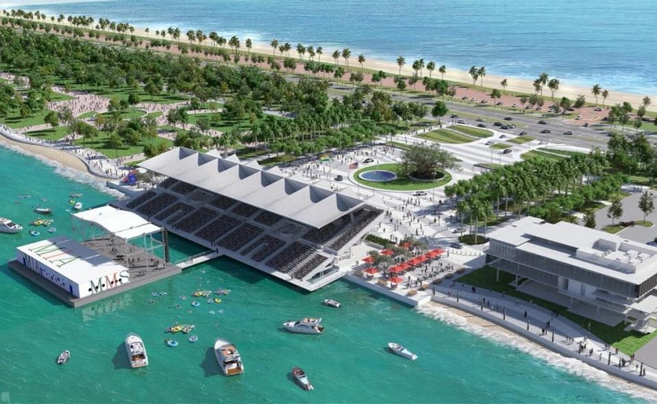 An architectural rendering shows a bird’s-eye view of a restored Miami Marine Stadium with a proposed new floating stage in front. To the right is a proposed maritime building.