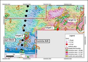 Figure 4: Auger Drilling Results over the Central Portion of the Kobada Est Shear (Target E).
