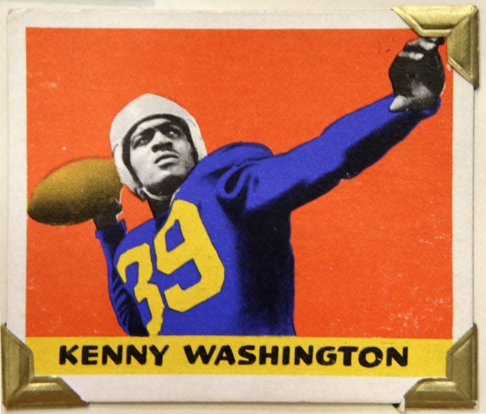 Los Angeles Rams running back Kenny Washington is shown in this 1948 Leaf Gum Co. football trading card at the Metropolitan Museum of Art in New York. Washington played alongside Jackie Robinson at UCLA and in 1946 joined three others in breaking the color barrier in pro football.