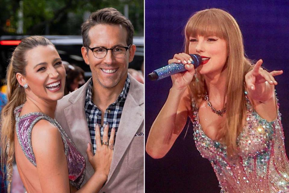 <p>Gotham/GC Images; Abaca Press/INSTARimages</p> Blake Lively and Ryan Reynolds (left), Taylor Swift singing in Madrid (right) 