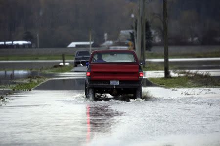A drives through the flooded waters of the Stillaguamish River, which overtook a roadway in Stanwood, Washington November 18, 2015. REUTERS/David Ryder