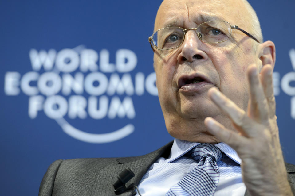 German Klaus Schwab, founder and president of the World Economic Forum, WEF, gestures during a press conference, in Cologny near Geneva, Switzerland, Wednesday, Jan. 15, 2014. The World Economic Forum unveiled the program for its annual meeting in Davos, Switzerland, including the key participants, themes and goals. Conflicts like the war in Syria and getting the world economy back on track will be the focus of next week’s gathering of world leaders and power brokers in the Swiss ski resort of Davos. (AP Photo/Keystone, Laurent Gillieron)