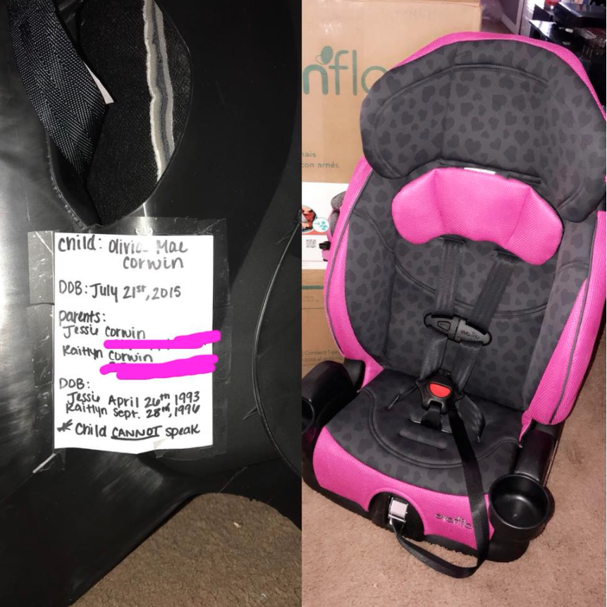 Firefighters have urged parents to place an i.d. card on their child's car seat. Photo: Facebook/Rose City Area Fire Department