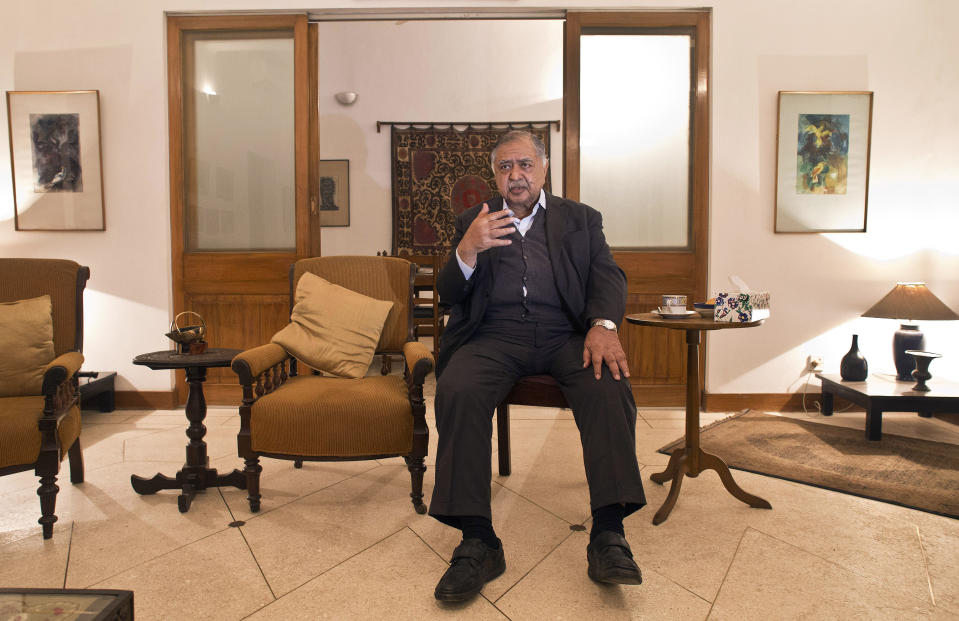 Bangladesh's opposition coalition leader Kamal Hossain speaks to Associated Press at his residence in Dhaka, Bangladesh, Saturday, Dec. 29, 2018. Oxford-educated 82-year-old Kamal Hossain has emerged as the unlikely leader of an opposition coalition aiming to remove Bangladesh's ruling party from power in elections Sunday. (AP Photo/Anupam Nath)