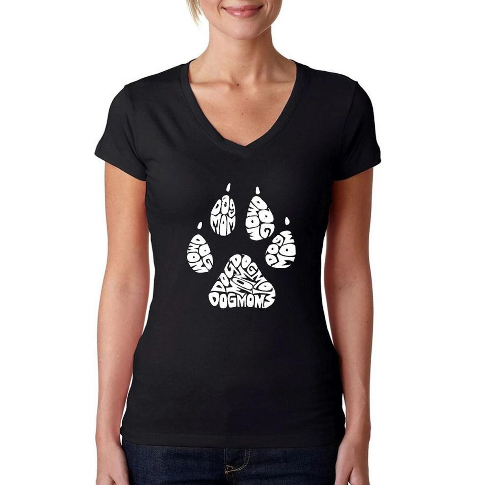 Model wearing a Word Art Dog Mom Shirt on a white background