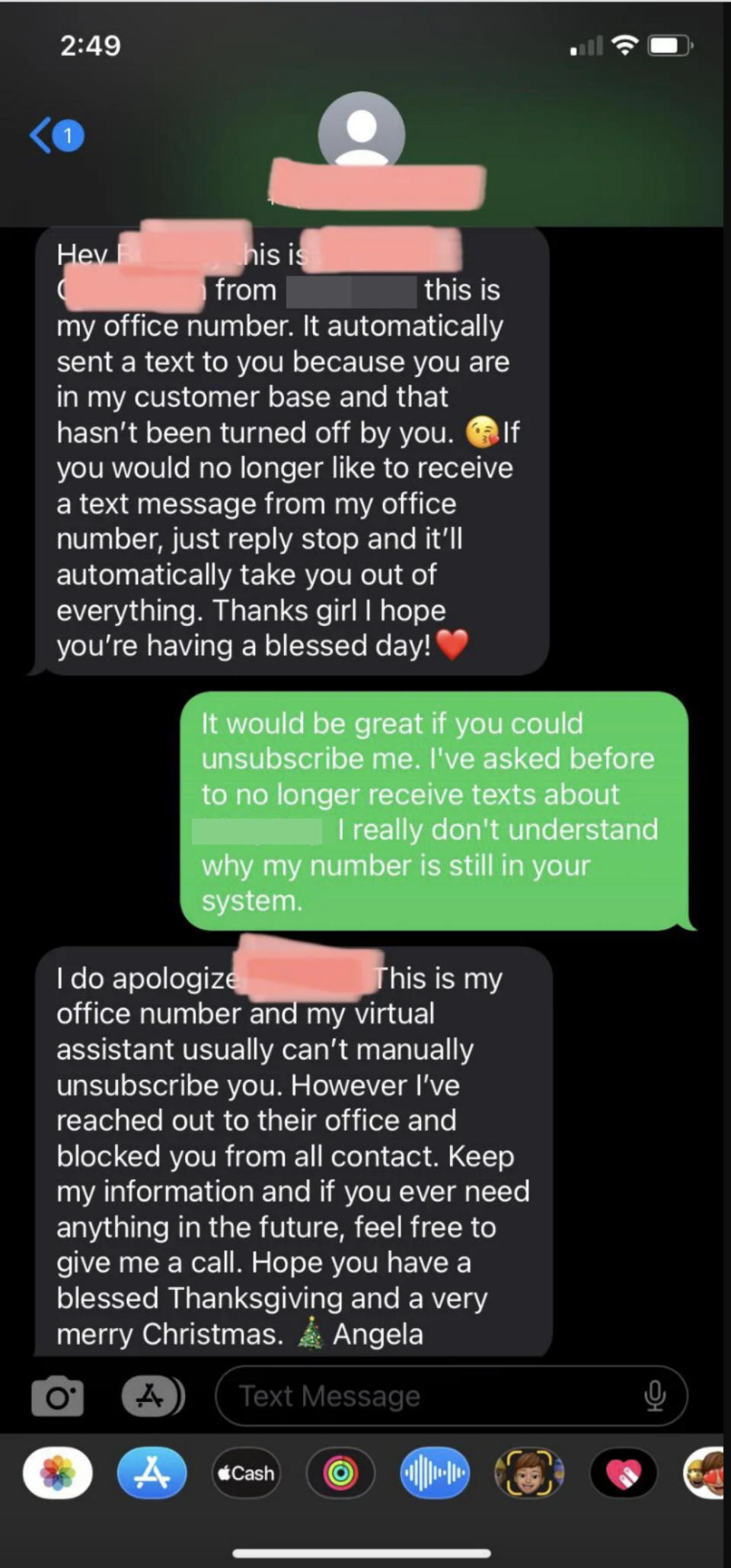 The recipient once again asks to not receive these texts, and the person replies that their virtual assistant can't manually unsubscribe them