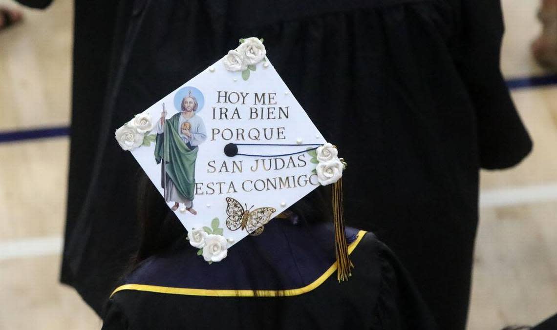 West Hills College Lemoore graduates expressed themselves using their mortar boards at the May 25, 2023 graduation ceremony at Golden Eagle Arena.