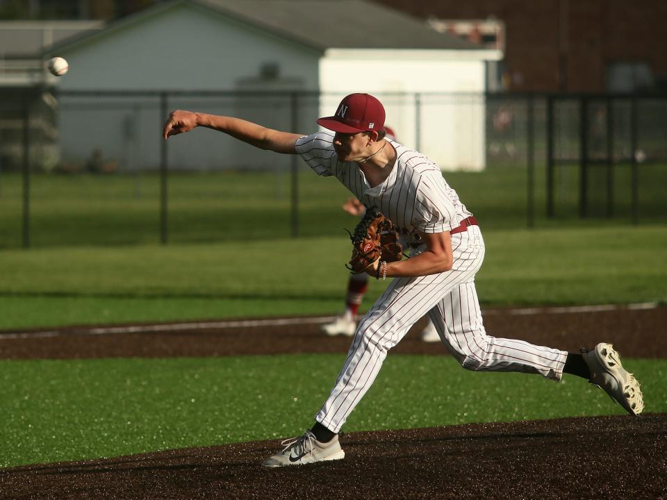 Newark's Cayden Vermilion delivers a pitch against Lancaster during the Golden Gales' 2-0 win Friday.