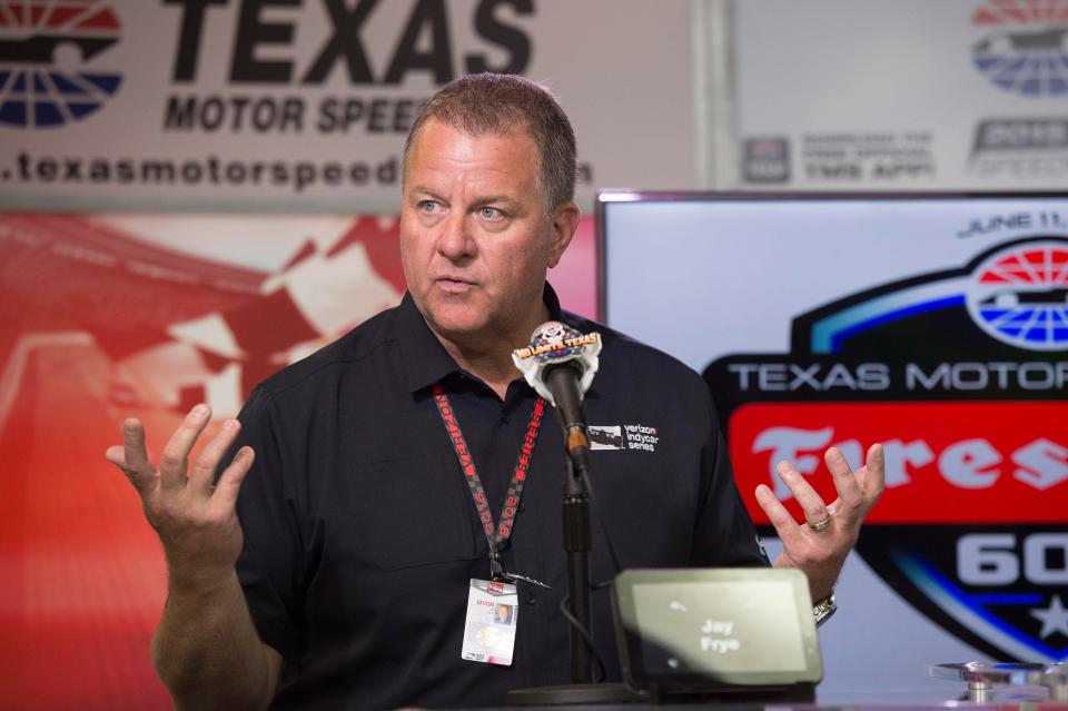 Jun 12, 2016; Fort Worth, TX, USA; IndyCar president Jay Frye discusses the weather shortened Firestone 600 at Texas Motor Speedway. Frye announces that the race will resume on August 27, 2016.