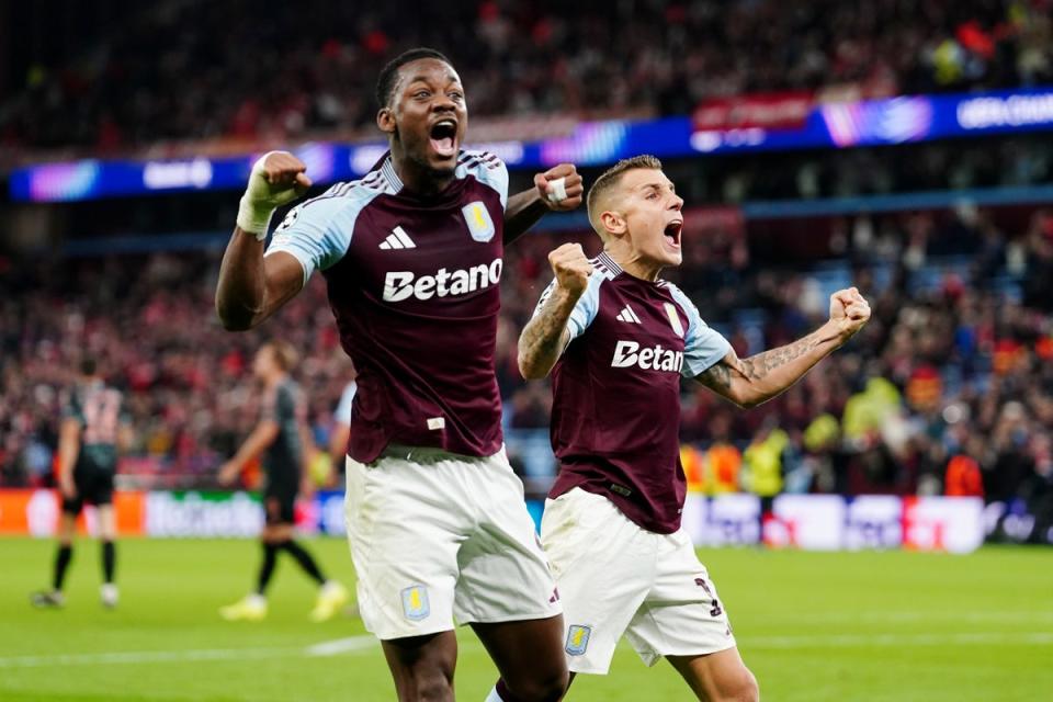 Jhon Duran, left, and Lucas Digne celebrate their late winner over Bayern Munich (David Davies/PA Wire)