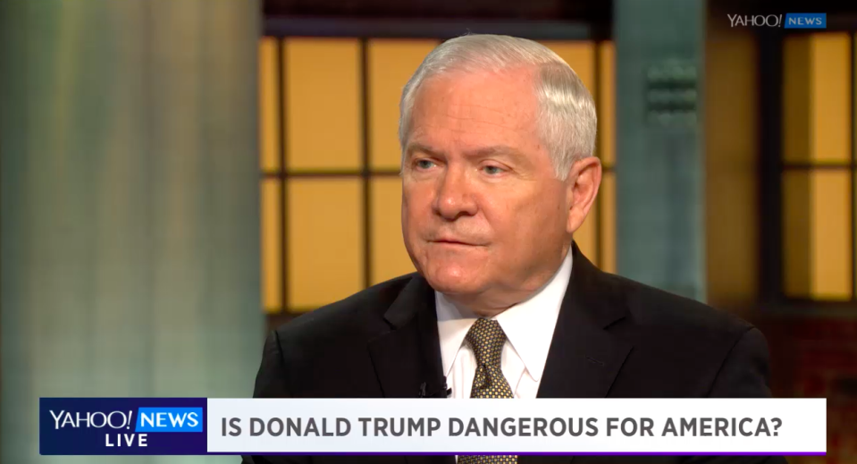 Former Secretary of Defense Robert Gates discusses Donald Trump’s foreign policy proposals with Katie Couric in New York. (Photo: Yahoo News)