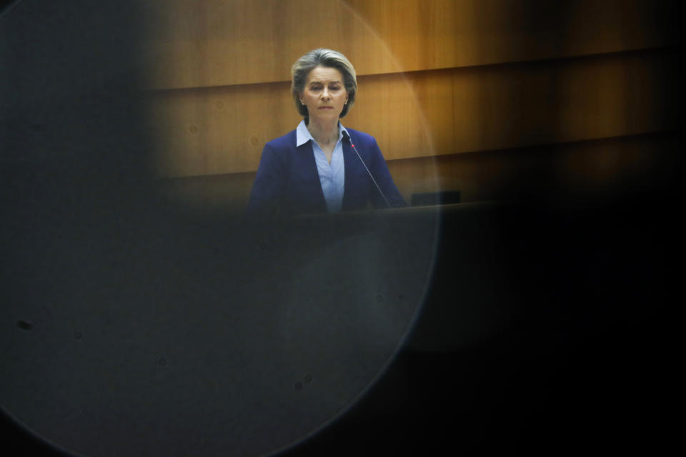 European Commission President Ursula von der Leyen speaks during a debate on the united EU approach to COVID-19 vaccinations at the European Parliament in Brussels, Wednesday, Feb. 10, 2021. (AP Photo/Francisco Seco)