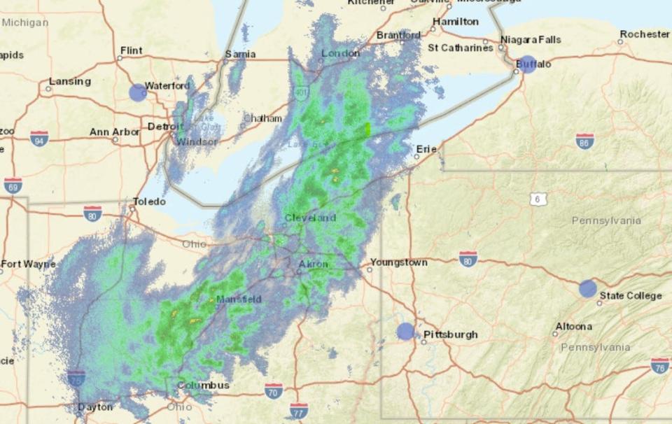 National Weather Service radar at 5:51 a.m. Thursday. Rain Thursday is forecast to give way to lake-effect snow across the Erie area Thursday night and Friday morning.