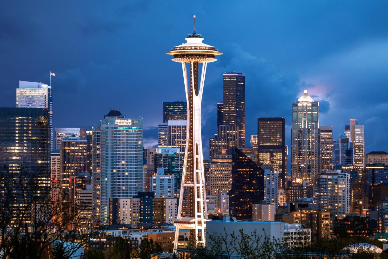 Skyline of Seattle in early evening with the Space Needle at the center; Seattle, Washington, America