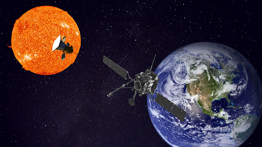 Illustration d'artiste du Soleil, de la Terre, de Parker Solar Probe et de Solar Orbiter dans une seule scène.
