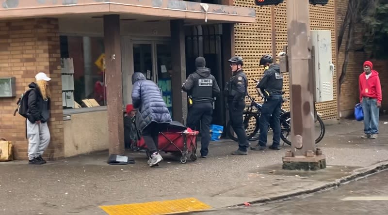 Police and Oregon State Troopers break up open drug use at SW 10th and Columbia in Portland, February 27, 2024 (KOIN)