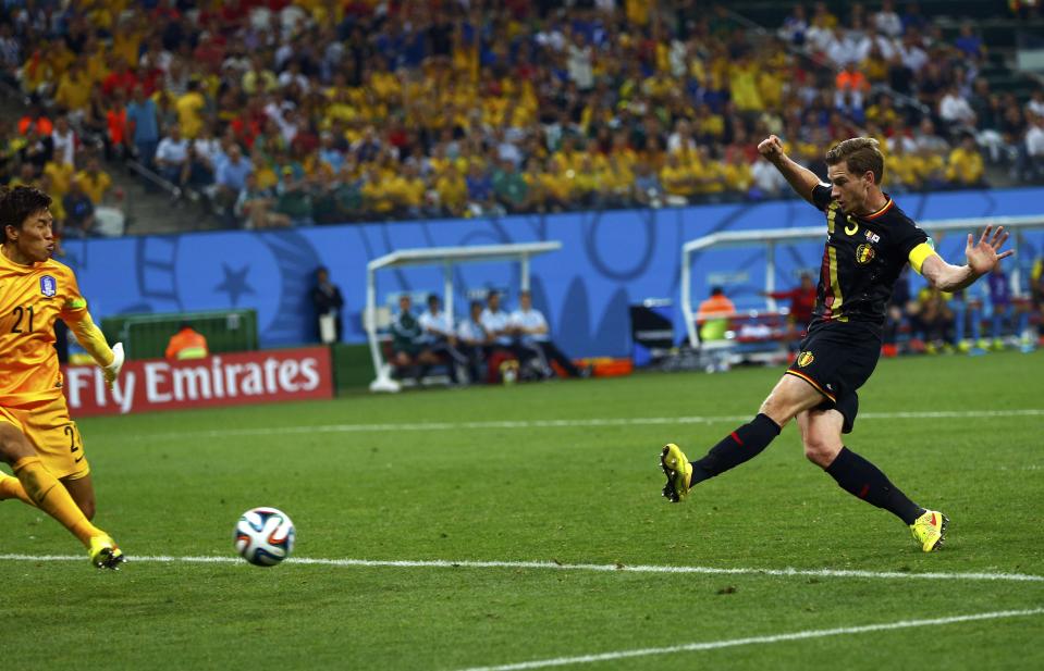 Belgium's Jan Vertonghen scores a goal during their 2014 World Cup Group H soccer match against South Korea at the Corinthians arena in Sao Paulo