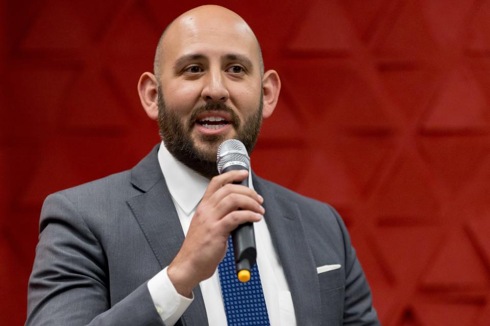 El Paso County Public Defender's Office Deputy Public Defender James Montoya introduces himself at the El Paso Chamber’s debate for El Paso District Attorney candidates on Jan. 18, 2024.