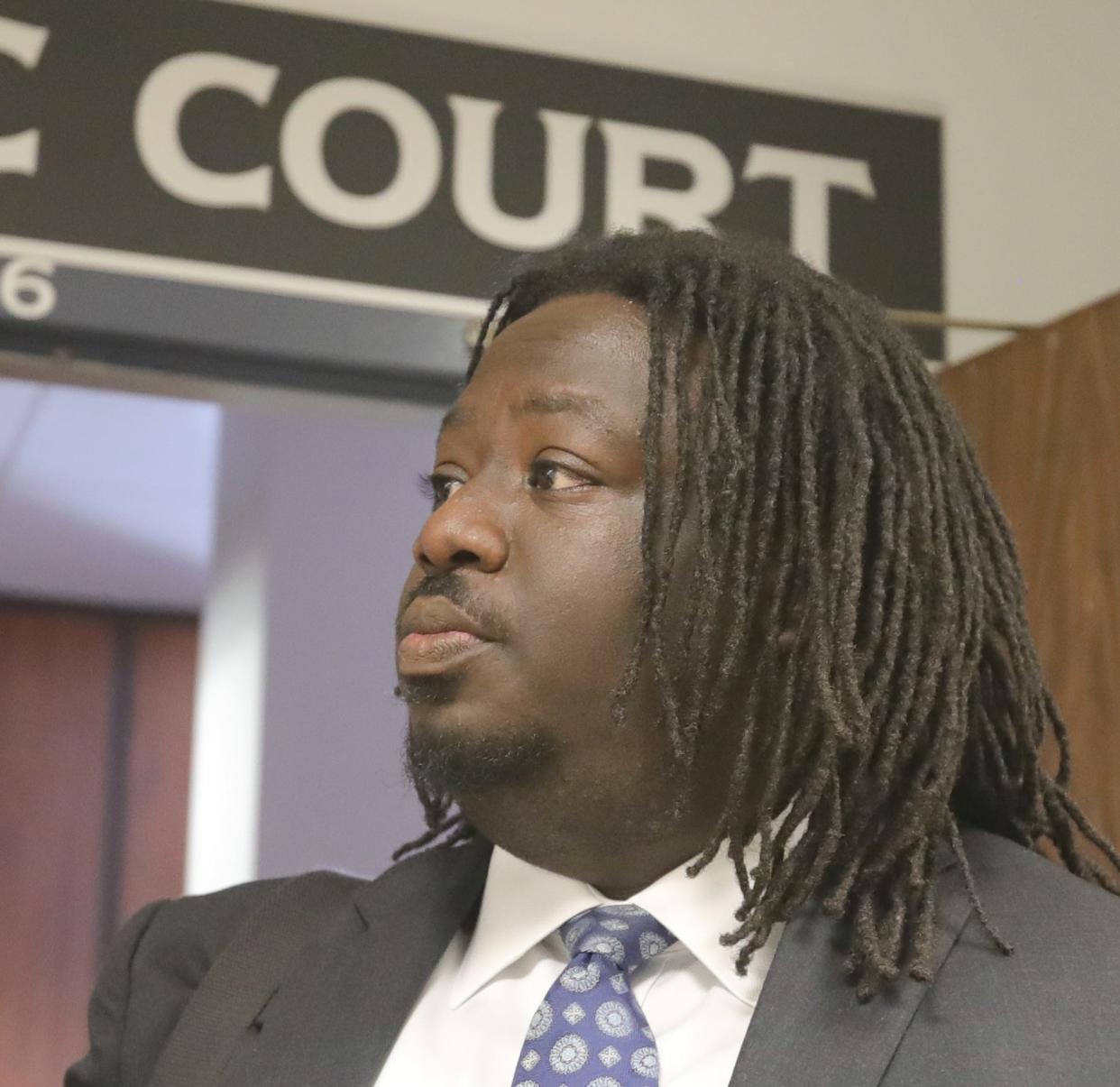 Attorney Imokhai Okolo in Akron Municipal Court to represent his client Jordan Ely.
