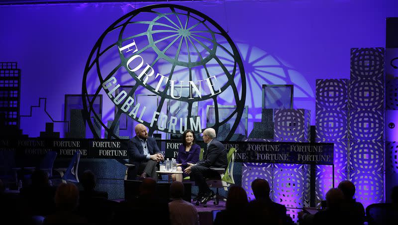 From left, tech venture capitalist Marc Andreessen, Facebook chief operating officer Sheryl Sandberg and moderator Alan Murray during a discussion called The Now and Future of Mobile at the Fortune Global Forum Tuesday, Nov. 3, 2015, in San Francisco. Fortune’s Brainstorm Tech conference is coming to Utah. 