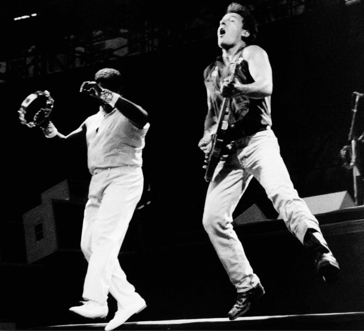 Bruce Springsteen lets loose during his sold-out concert on Aug. 6, 1985, at RFK Stadium in Washington. The concert is the first in a nine-week, 25-city tour of North America for Springsteen.