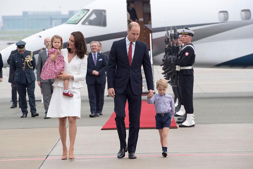 The Duke and Duchess of Cambridge were beaming as they touched down at Warsaw’s Chopin Airport, in Poland, with their kids.