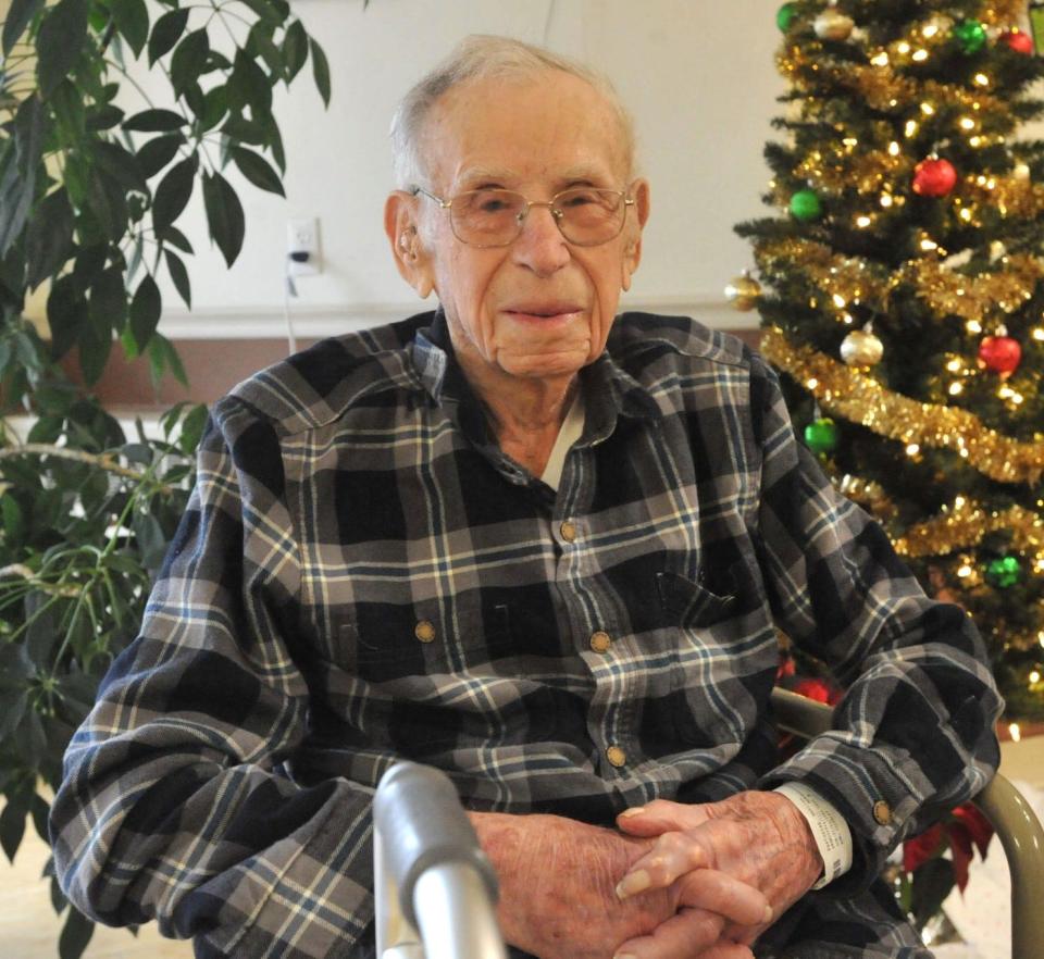 Pat "Skinny" Pastuszak, of Abington, hopes to return home after his 103rd birthday Jan. 3 at the St. Joseph Manor Heath Care in Brockton, where he is recuperating from recent surgery. Thursday, Dec. 28, 2023.