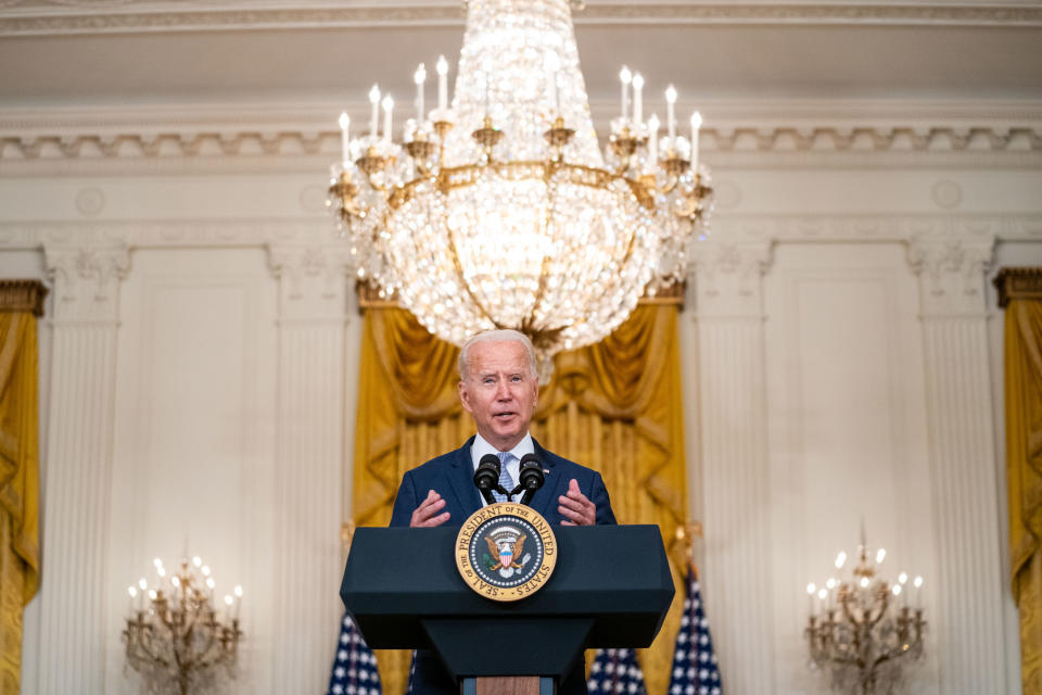 WASHINGTON, DC - AUGUST 12: President Joe Biden delivers remarks on the administrations Build Back Better agenda to lower prescription drug prices in the East Room of the White House complex on Thursday, Aug. 12, 2021 in Washington, DC. (Kent Nishimura / Los Angeles Times via Getty Images)