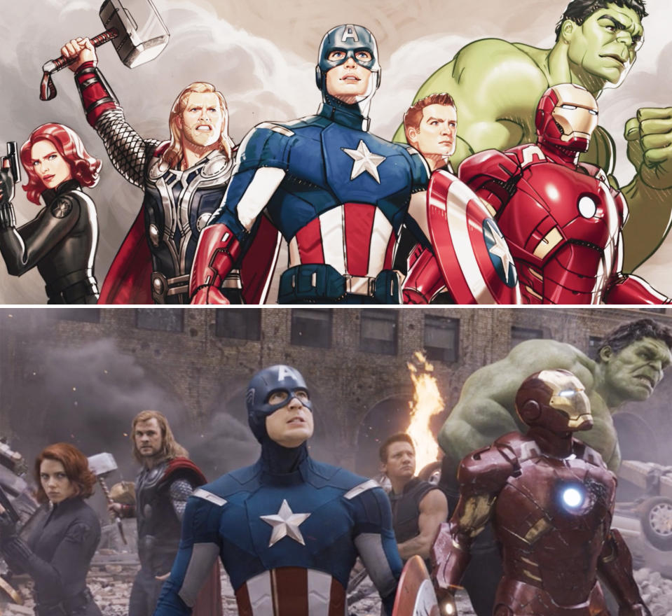 Natasha, Thor, Captain America, Hawkeye, Iron Man, and Hulk standing together