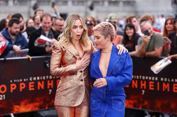 In the middle of the photo call event, while posing with Pugh, Blunt's top button on her suit popped open. Blunt was shocked that it happened.