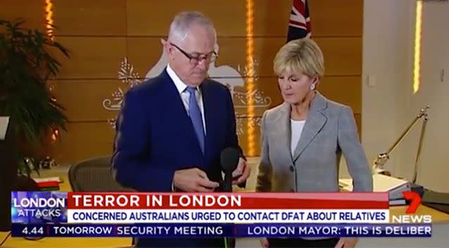 Foreign Minister Julie Bishop has been caught sharing a melancholy moment with the Prime Minister after an update on the London terror attacks. Picture: 7 News
