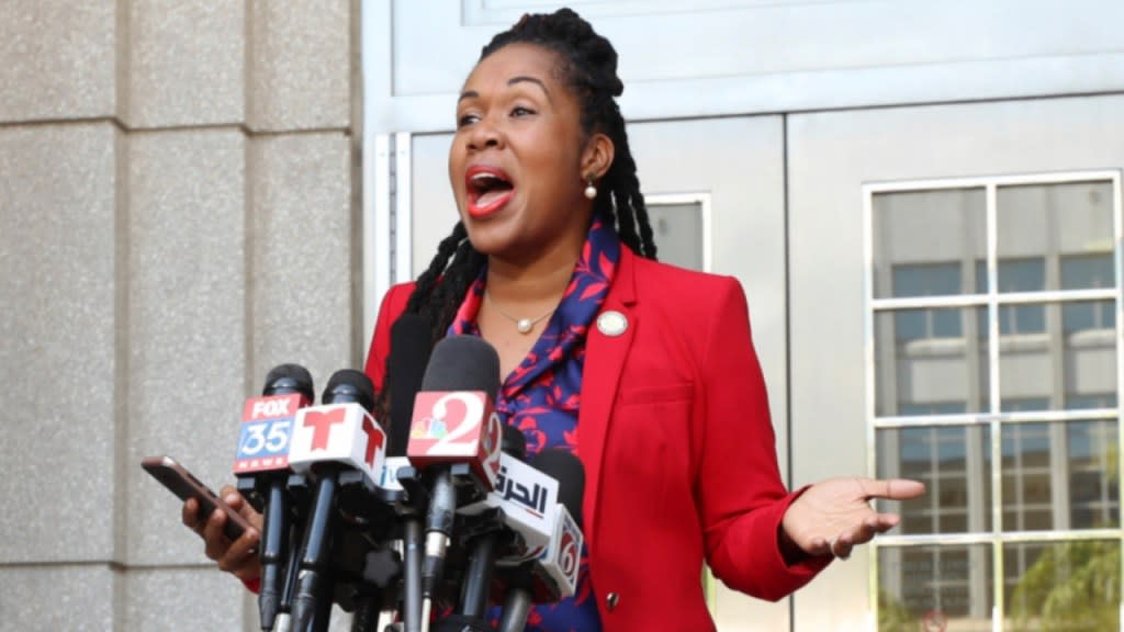Attorney Monique Worrell, of the 9th Judicial Circuit, speaks during a news conference in August outside her former office in the Orange County Courthouse complex in Orlando. Her attorney told the Florida Supreme Court on Wednesday that Gov. Ron DeSantis exceeded his authority when he removed Worrell from her elected office after a teenager fatally shot a girl and a news reporter. (Photo: Ricardo Ramirez Buxeda/Orlando Sentinel via AP, File)