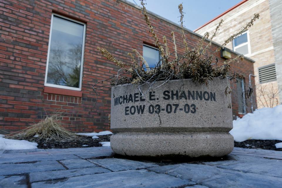 A memorial for former Adams County Deputy Michael Shannon is seen on Thursday, March 2, 2023, at the Adams County Courthouse in Friendship, Wis. Shannon was killed in the line of duty on March 7, 2003.Tork Mason/USA TODAY NETWORK-Wisconsin 