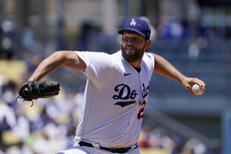 Los Angeles Dodgers starting pitcher Clayton Kershaw throws to the plate during the first inning of a baseball game against the San Diego Padres Sunday, July 3, 2022, in Los Angeles. (AP Photo/Mark J. Terrill)