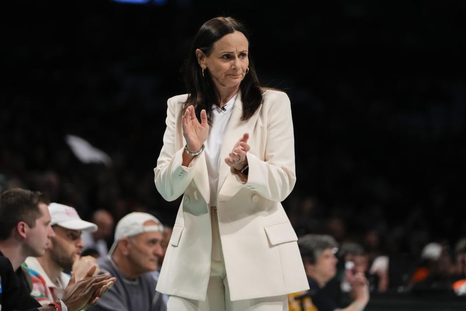 New York Liberty head coach Sandy Brondello reacts during the first half in Game 3 of a WNBA basketball final playoff series against the Las Vegas Aces, Sunday, Oct. 15, 2023, in New York. (AP Photo/Frank Franklin II)